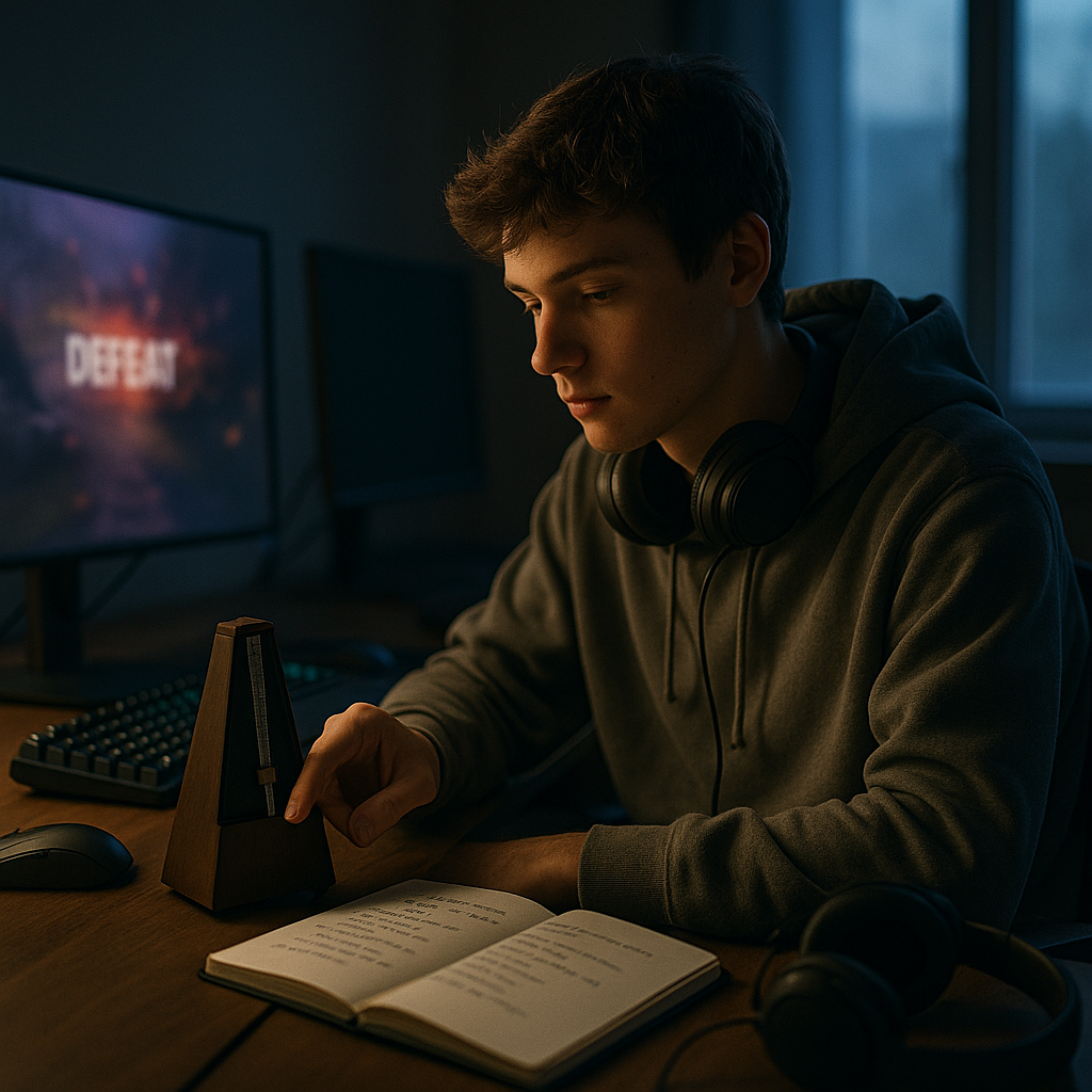 At dawn in a quiet training room, a focused esports player adjusts a metronome