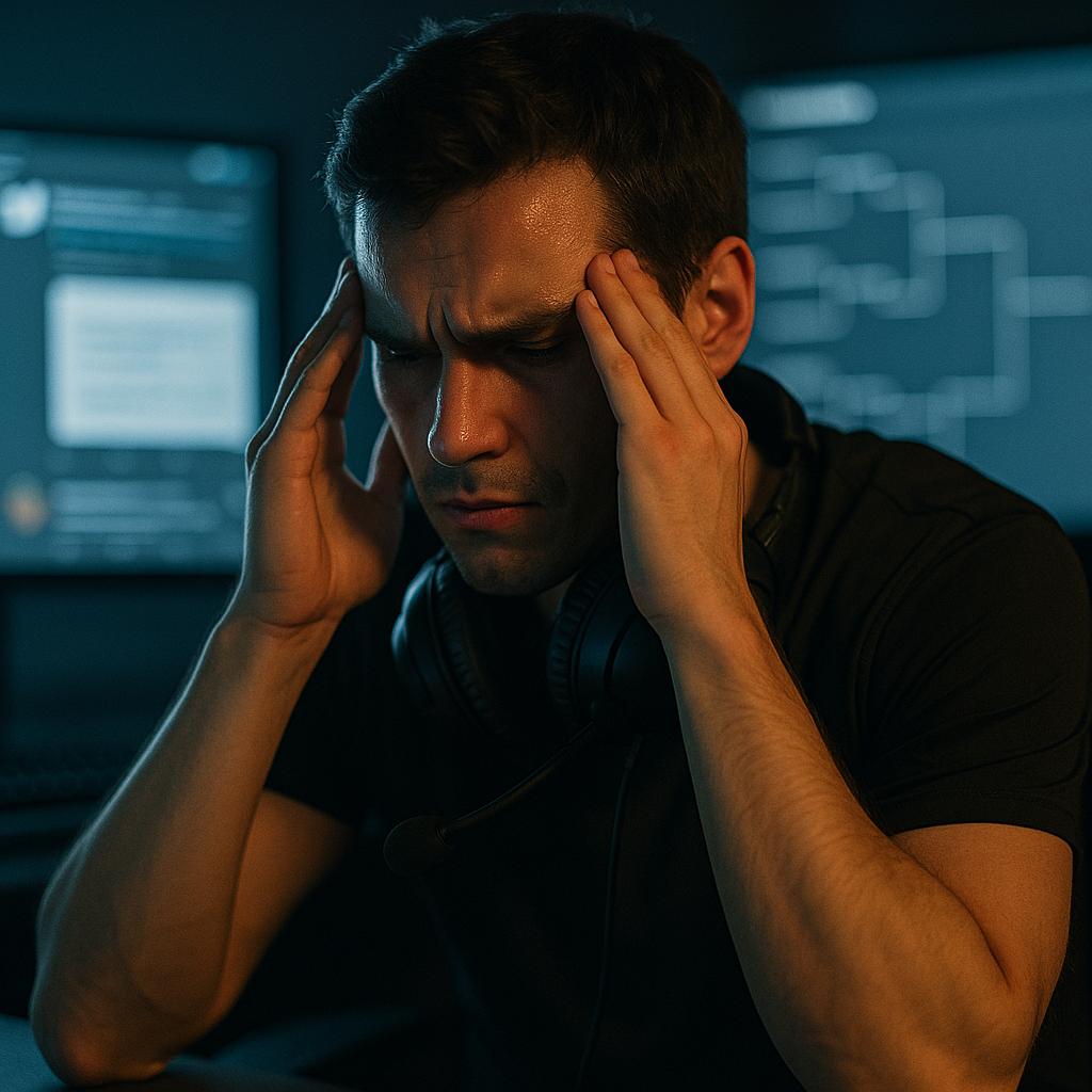 Photoreal editorial image of a stressed pro esports player in a dark practice room,